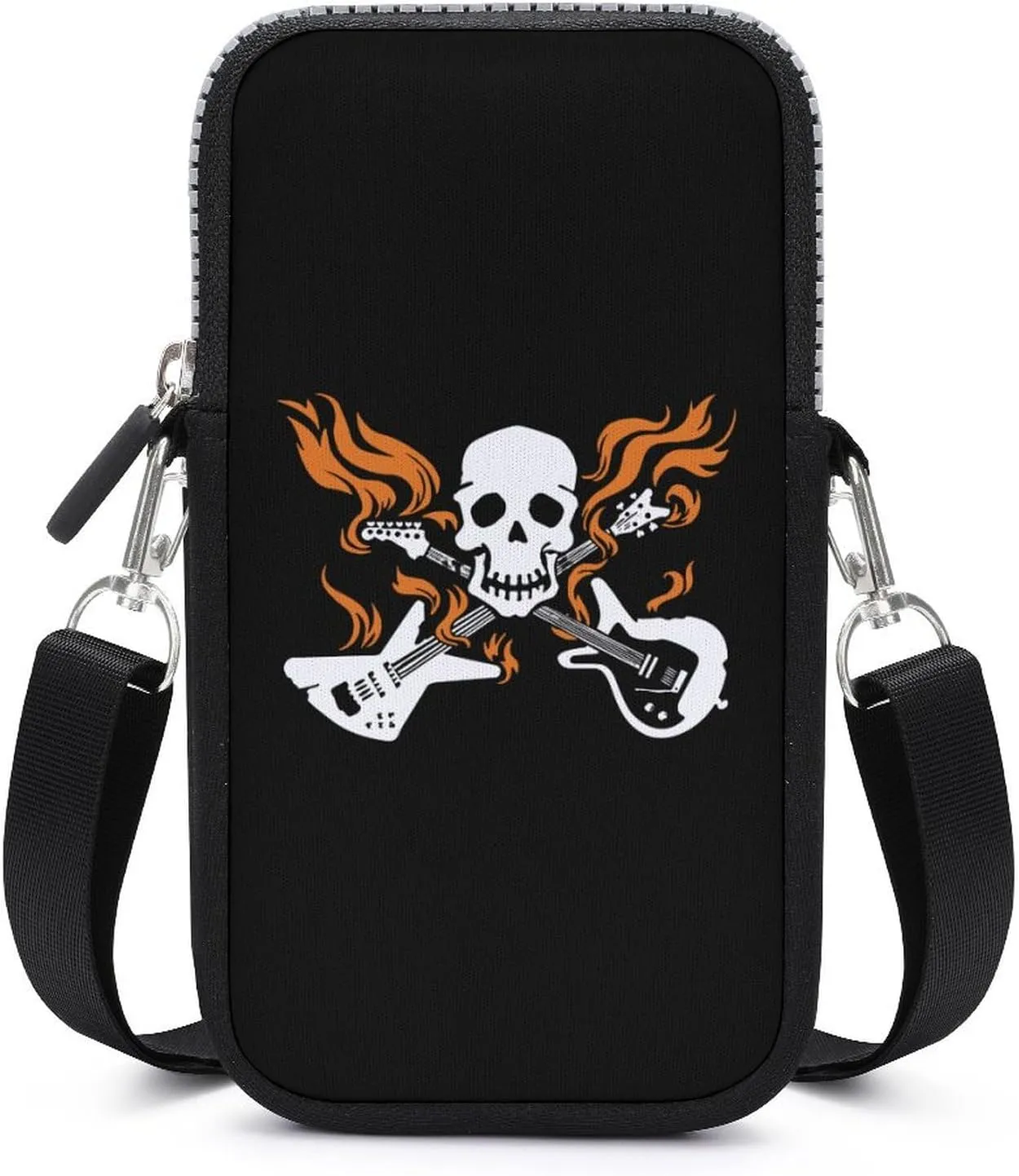Skull with Crossed Flaming Guitars Small Cell Phone Purse Crossbody Waterproof Mini Bag Wallet with Adjustable Strap