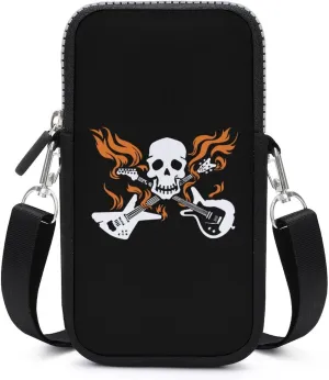 Skull with Crossed Flaming Guitars Small Cell Phone Purse Crossbody Waterproof Mini Bag Wallet with Adjustable Strap