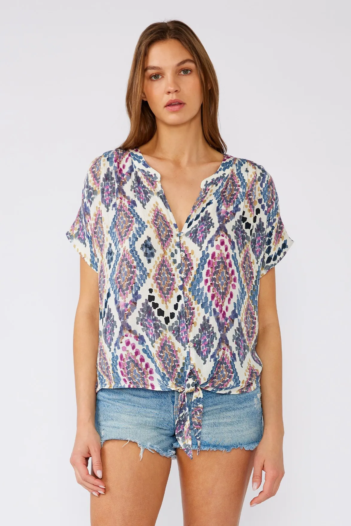 Sleevless Button Front Top W/Tie