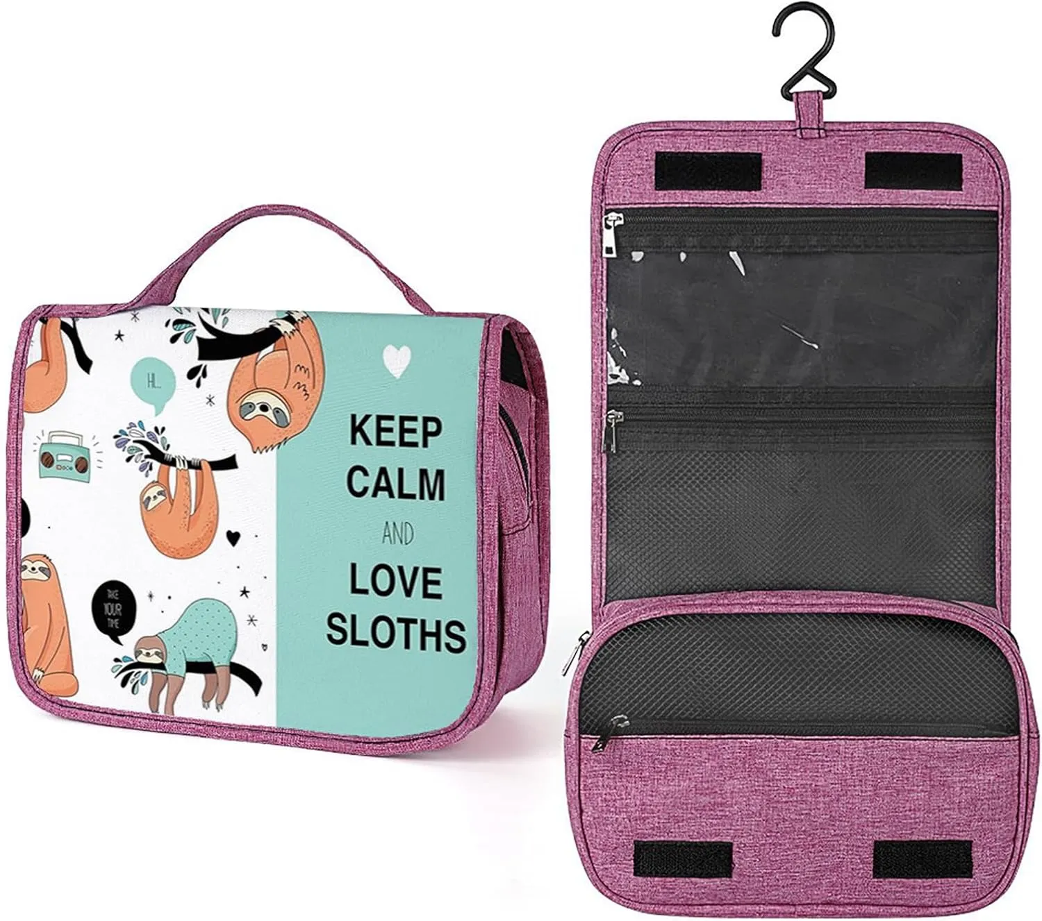 Sloths,Toiletry Bag Travel Bag with Hanging Hook,Sloths with Keep Calm Words Cartoon,Water-resistant Makeup Cosmetic Bag Organizer for Makeup Accessories,Full-size Container,Green Orange