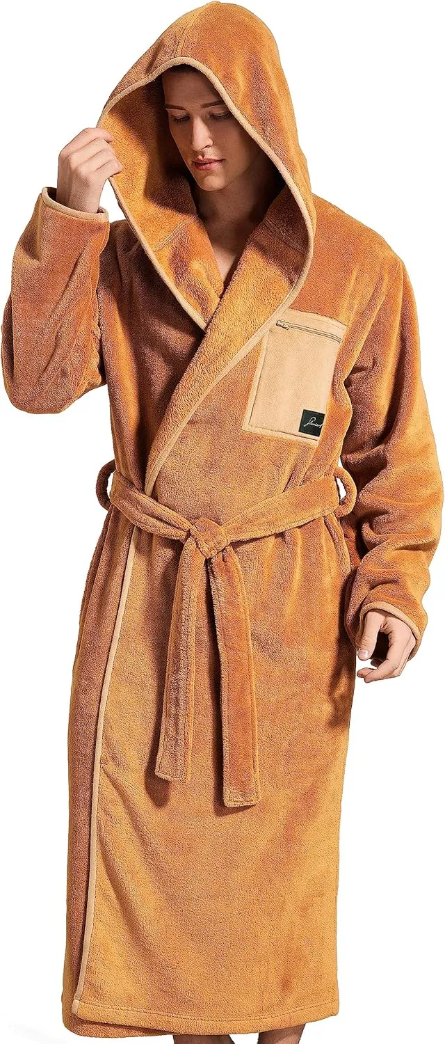 SlumberMee Mens Fleece Plush Robe with Hood Ultra Soft Fluffy Full Length Long with Pockets Luxurious House Coat