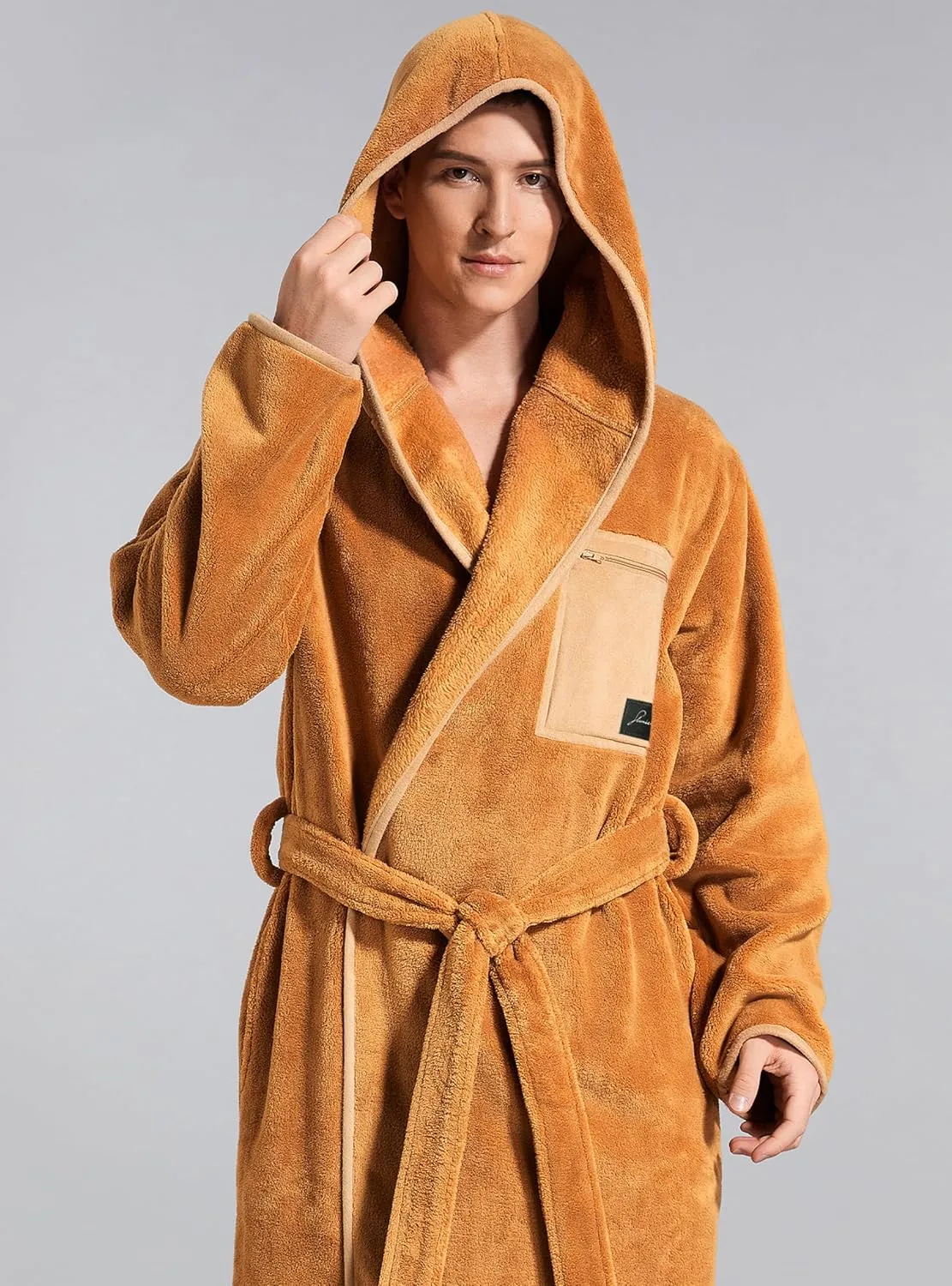 SlumberMee Mens Fleece Plush Robe with Hood Ultra Soft Fluffy Full Length Long with Pockets Luxurious House Coat
