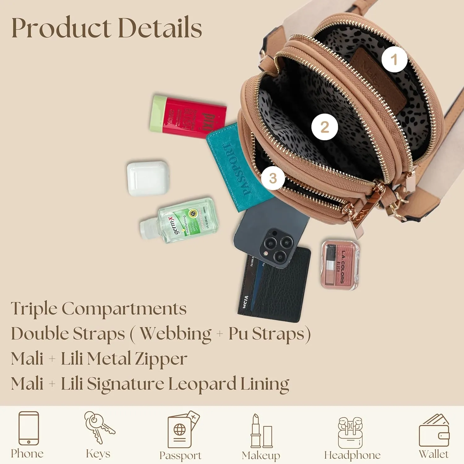 Small Crossbody Bag for Women, Triple Compartment Shoulder Bag with Double Strap