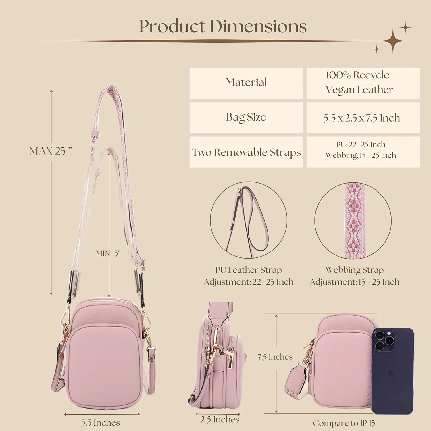 Small Crossbody Bag for Women, Triple Compartment Shoulder Bag with Double Strap