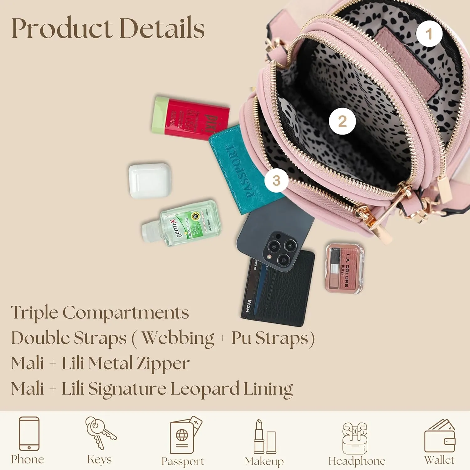 Small Crossbody Bag for Women, Triple Compartment Shoulder Bag with Double Strap