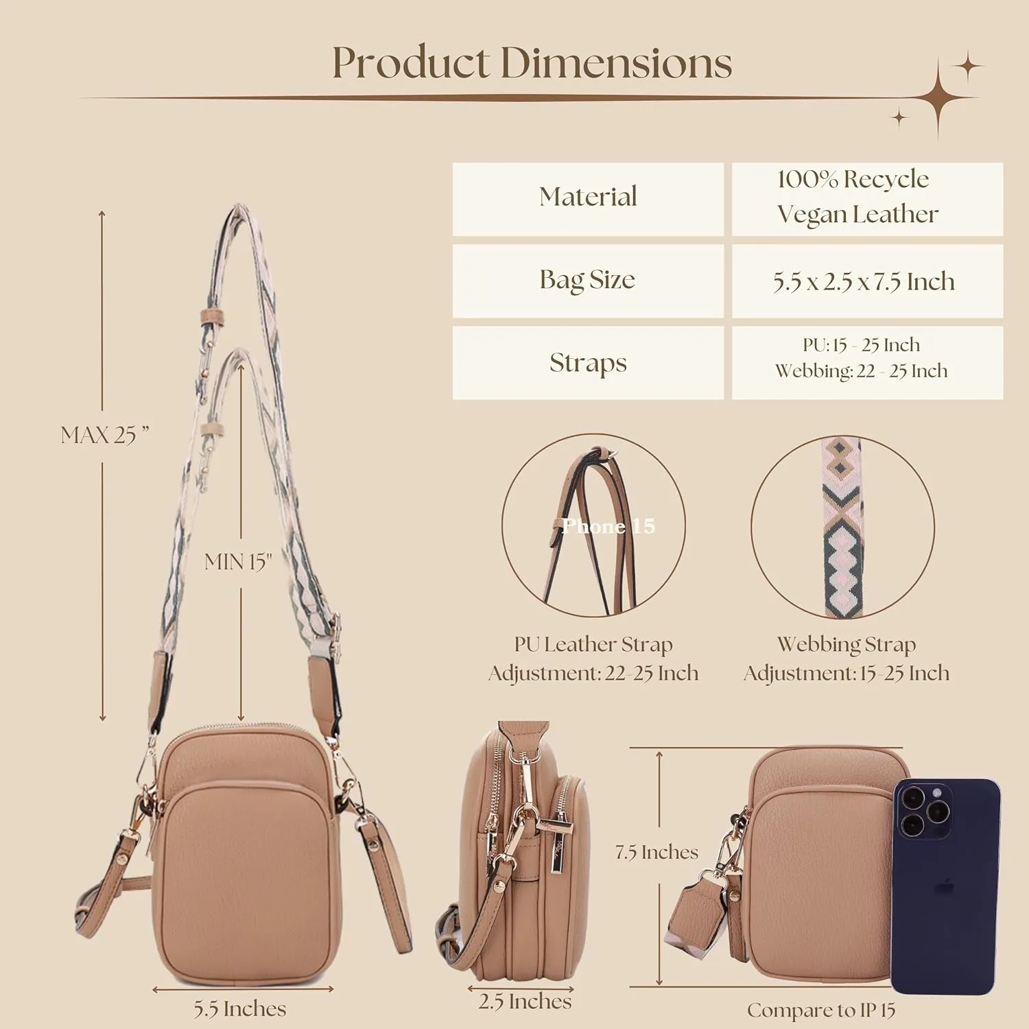 Small Crossbody Bag for Women, Triple Compartment Shoulder Bag with Double Strap