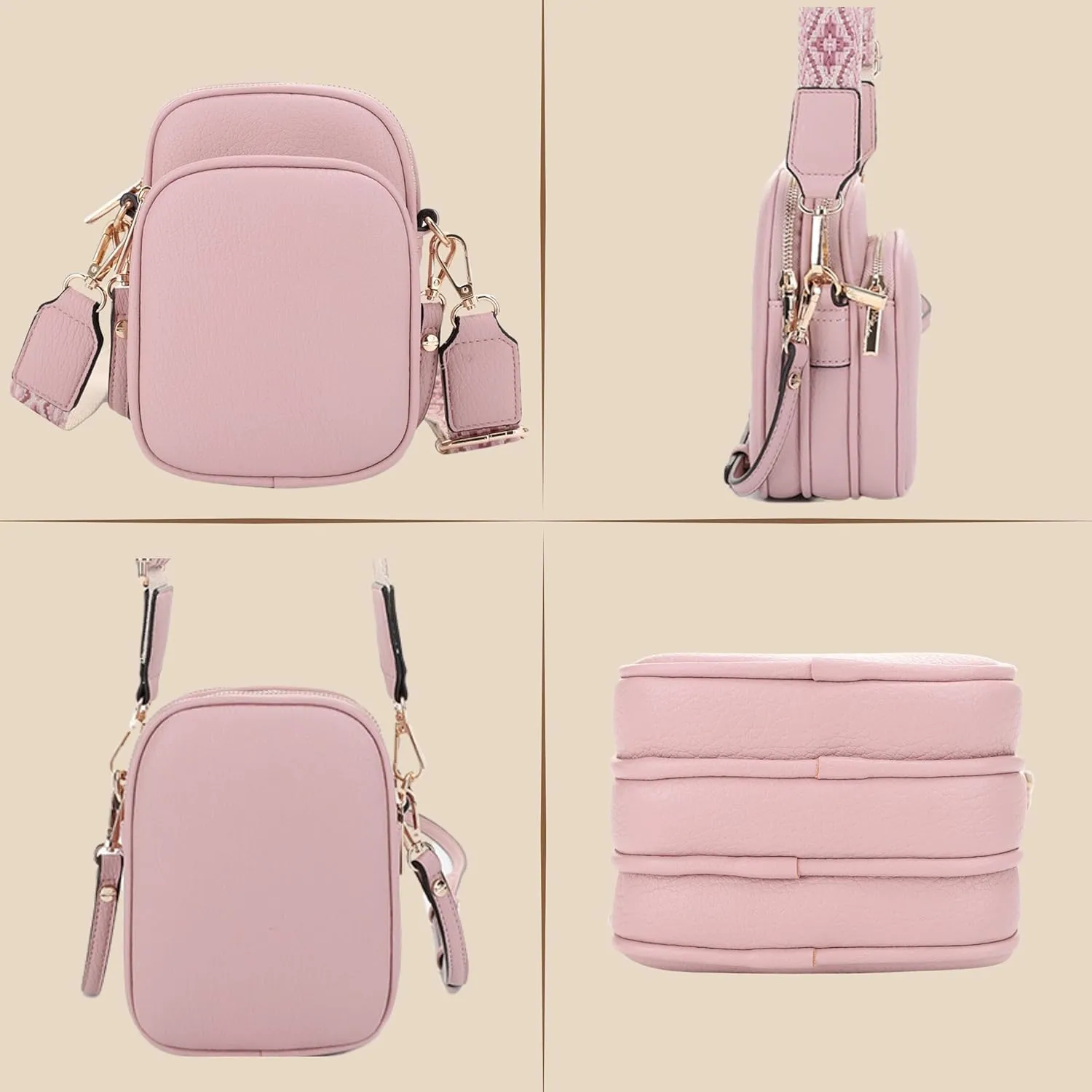 Small Crossbody Bag for Women, Triple Compartment Shoulder Bag with Double Strap