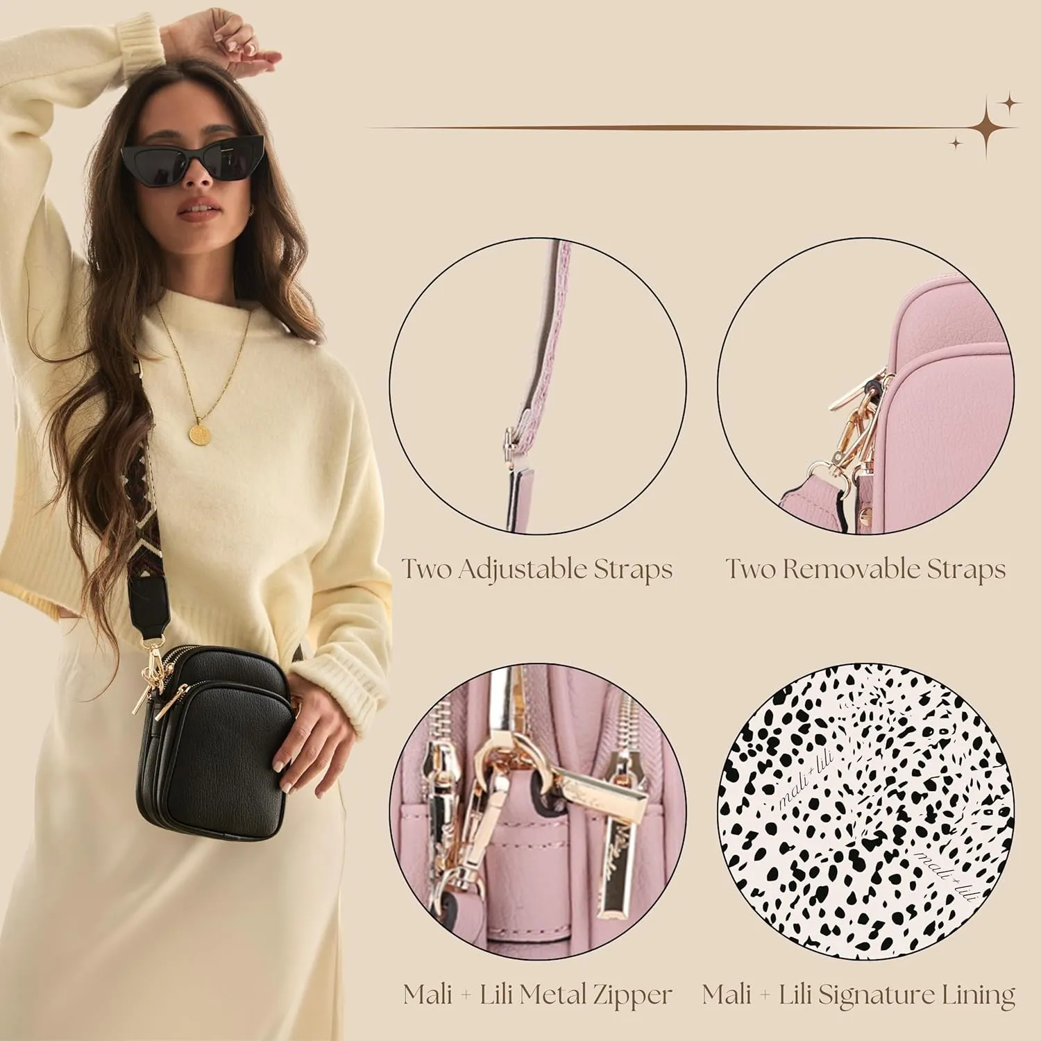 Small Crossbody Bag for Women, Triple Compartment Shoulder Bag with Double Strap