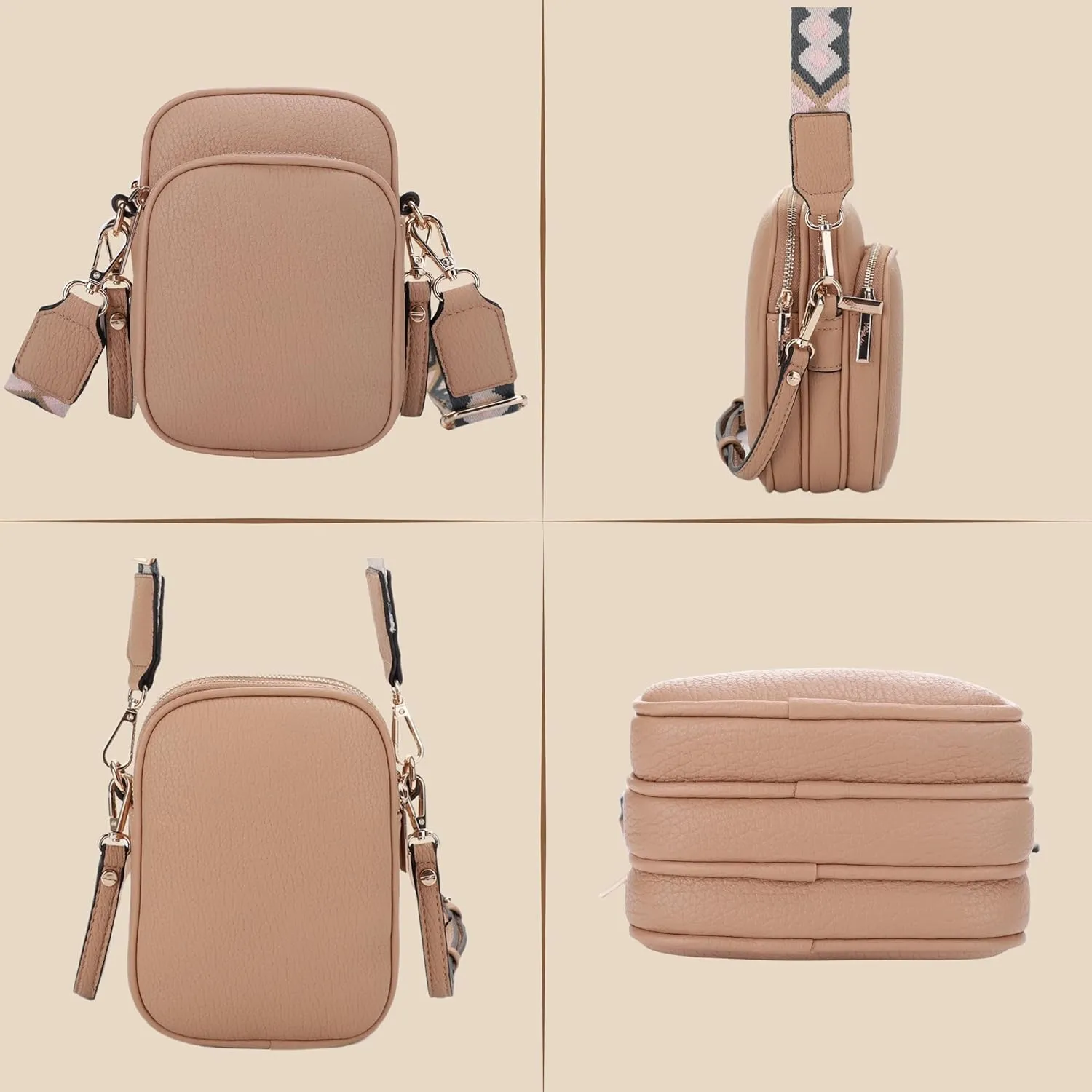 Small Crossbody Bag for Women, Triple Compartment Shoulder Bag with Double Strap