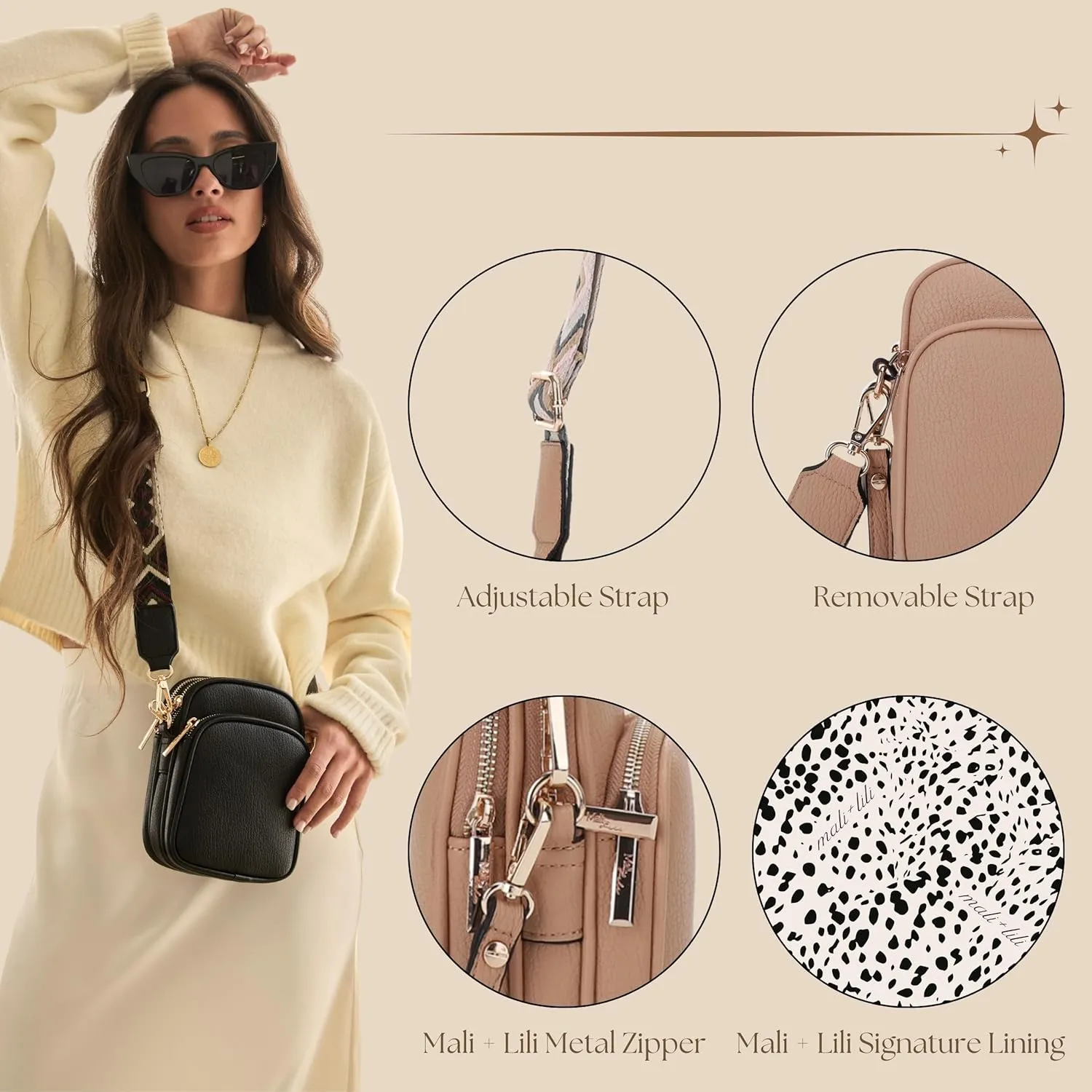 Small Crossbody Bag for Women, Triple Compartment Shoulder Bag with Double Strap