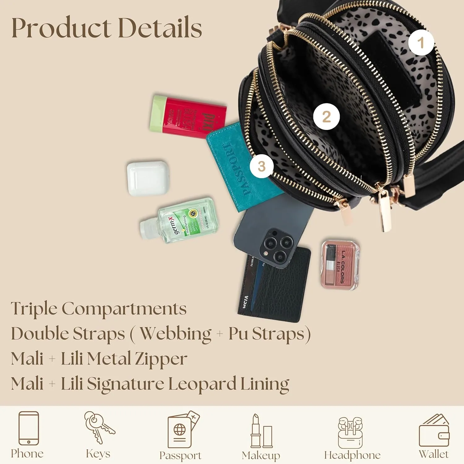Small Crossbody Bag for Women, Triple Compartment Shoulder Bag with Double Strap