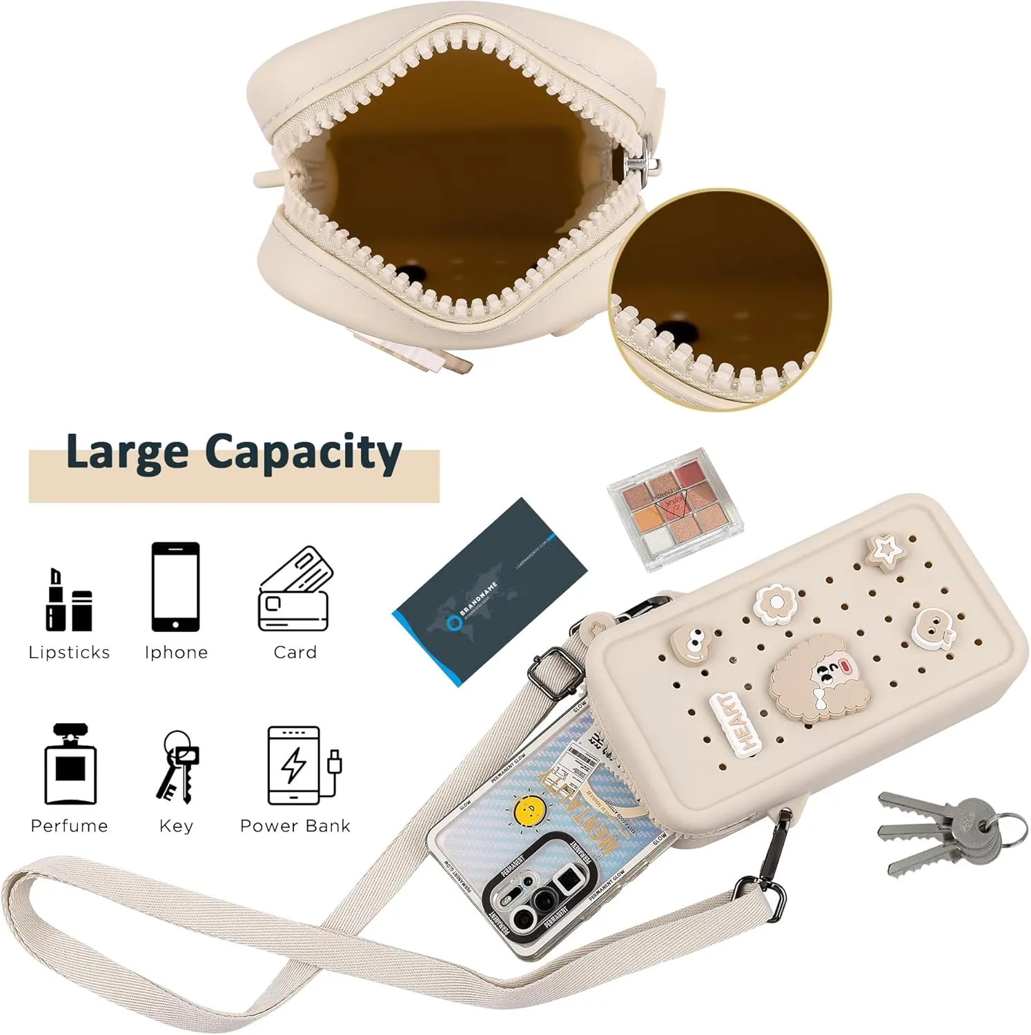 Small Crossbody Bag for Women with Customizable Charm Holes, Compact & Durable with Adjustable Strap, Perfect for Everyday Use (Beige)