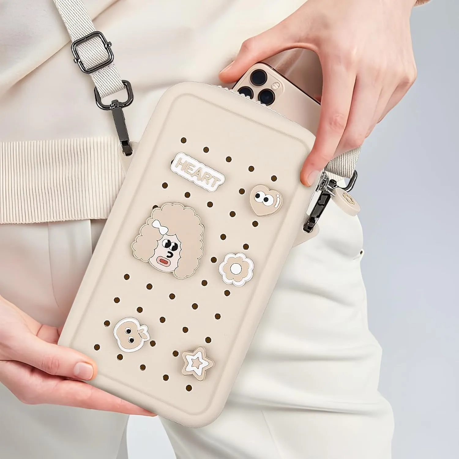 Small Crossbody Bag for Women with Customizable Charm Holes, Compact & Durable with Adjustable Strap, Perfect for Everyday Use (Beige)