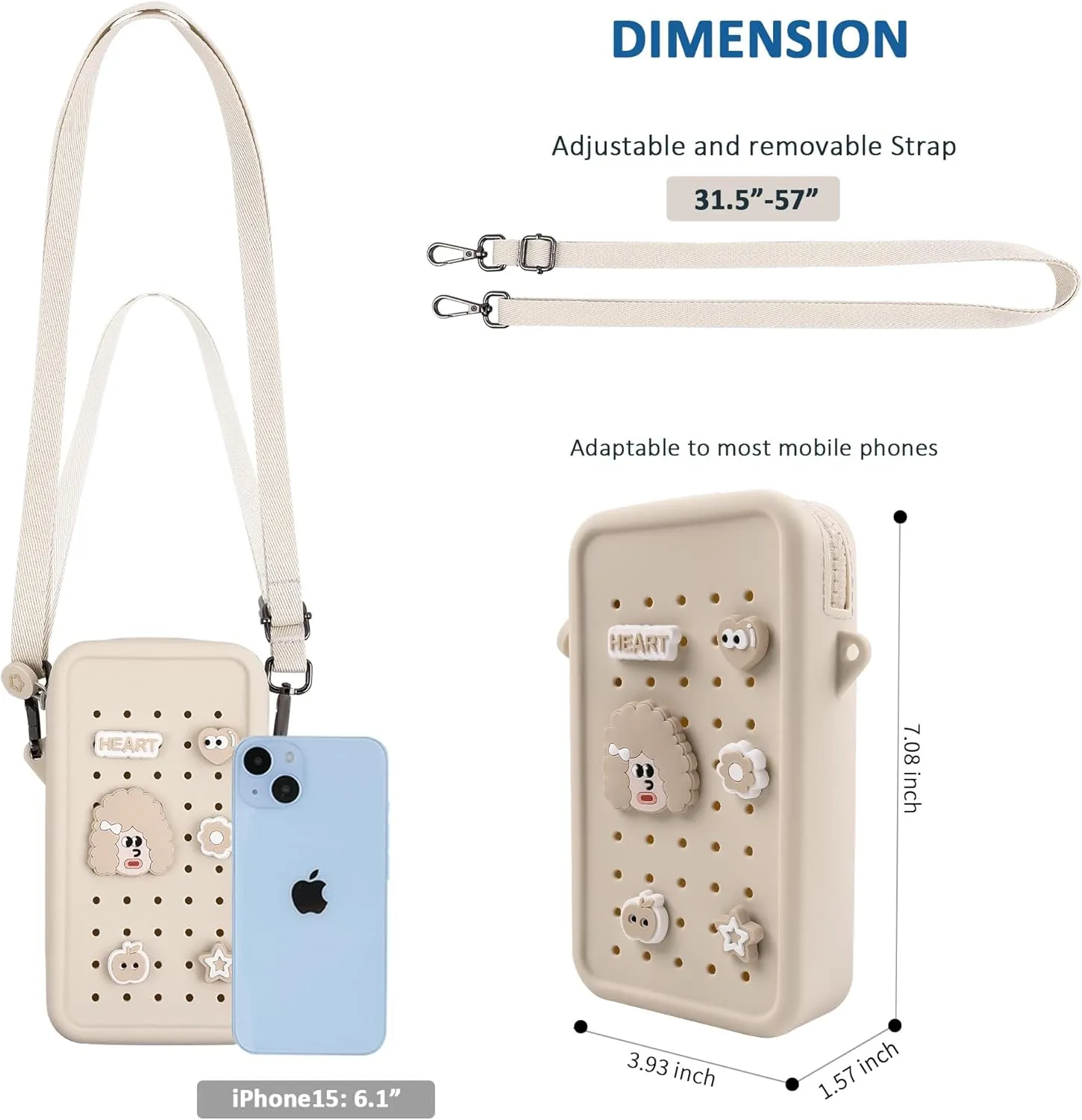Small Crossbody Bag for Women with Customizable Charm Holes, Compact & Durable with Adjustable Strap, Perfect for Everyday Use (Beige)