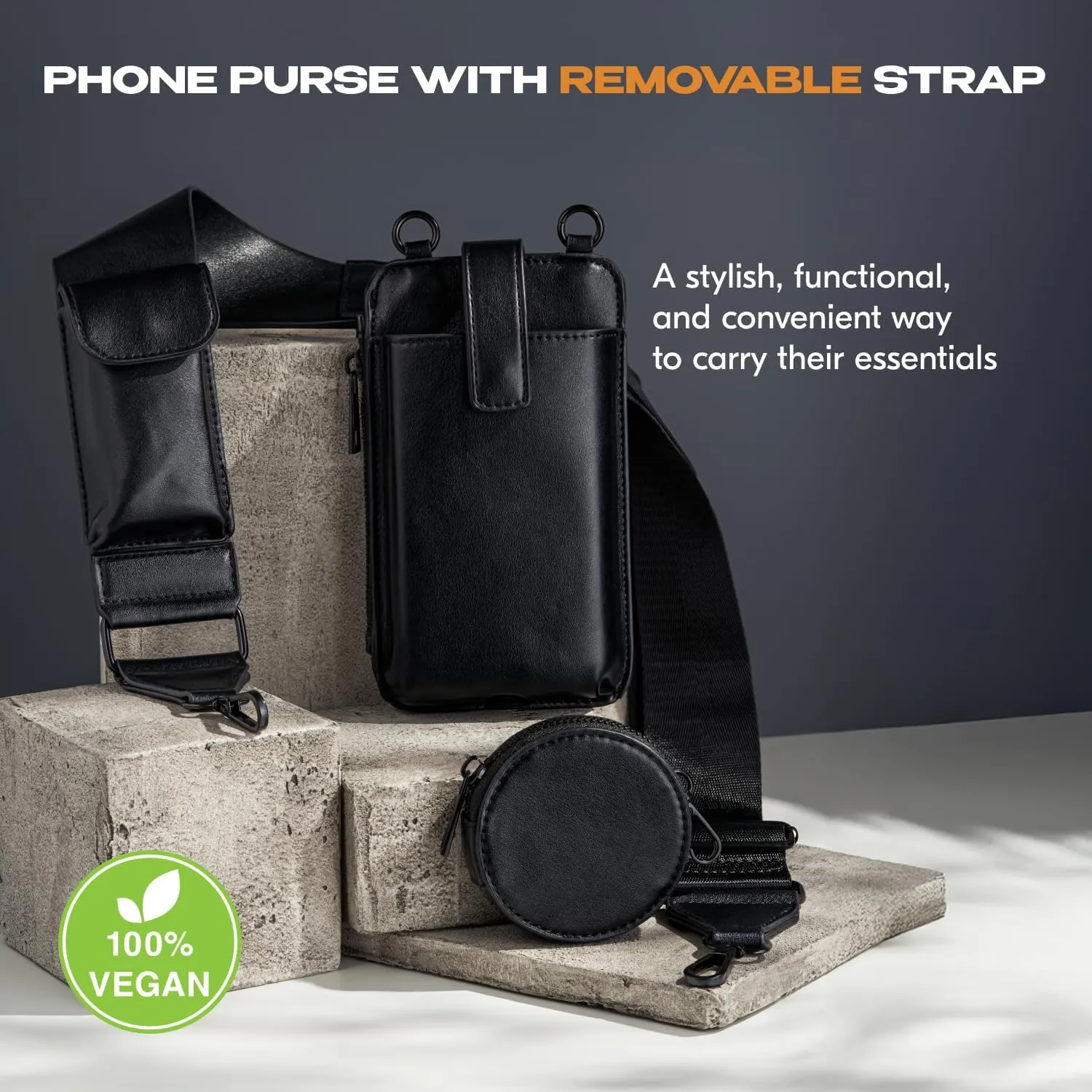 Small Crossbody Cell Phone Bag for Women and Men, Multi-Pocket Shoulder Purse with Adjustable & Removable Strap (Black)