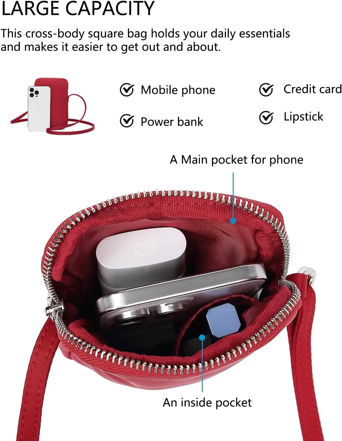 Small Crossbody Purse Zipper Cell Phone Bag Mini Shoulder Purse Wallet Smart Phone Wallet with Credit Card Solts