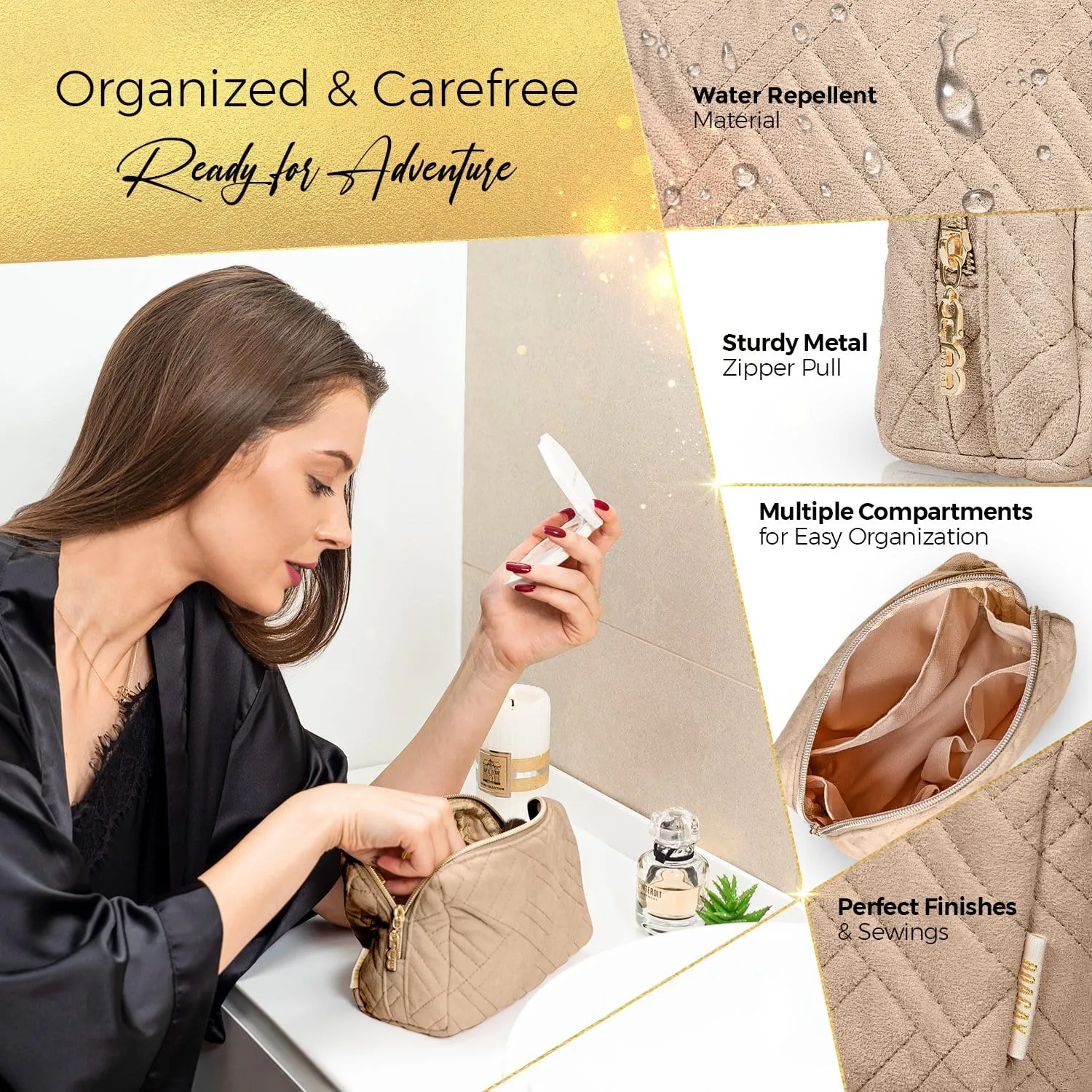 Small Embroidered Cosmetic Pouch - Camel Brown