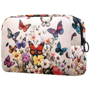 Small Makeup Bag Pouch for Purse, Travel Cosmetic Bag, Portable Toiletry Bag for Women Girls Gifts - Watercolor Cosmos Flowers Butterfly