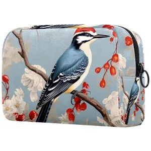 Small Makeup Bag Pouch for Purse, Travel Cosmetic Bag, Portable Toiletry Bag for Women Girls Gifts - Woodpecker Bird on Red Berries Branch