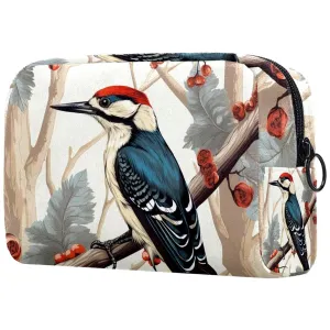 Small Makeup Bag Pouch for Purse, Travel Cosmetic Bag, Portable Toiletry Bag for Women Girls Gifts - Woodpecker Bird on Red Berries Branch