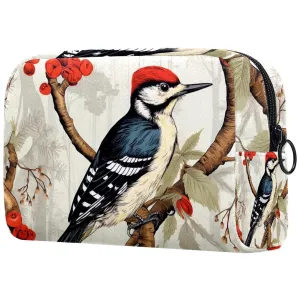 Small Makeup Bag Pouch for Purse, Travel Cosmetic Bag, Portable Toiletry Bag for Women Girls Gifts - Woodpecker Bird on Red Berries Branch