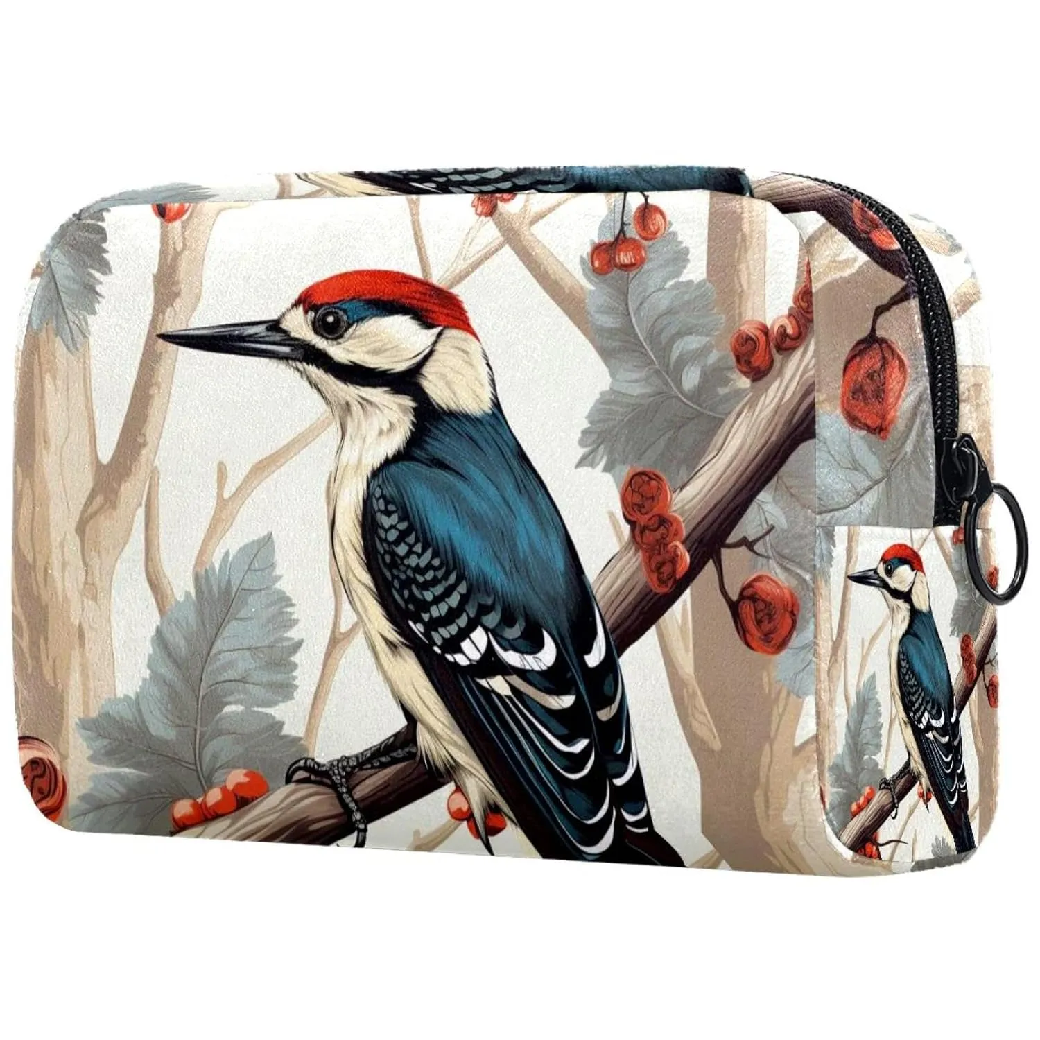 Small Makeup Bag Pouch for Purse, Travel Cosmetic Bag, Portable Toiletry Bag for Women Girls Gifts - Woodpecker Bird on Red Berries Branch