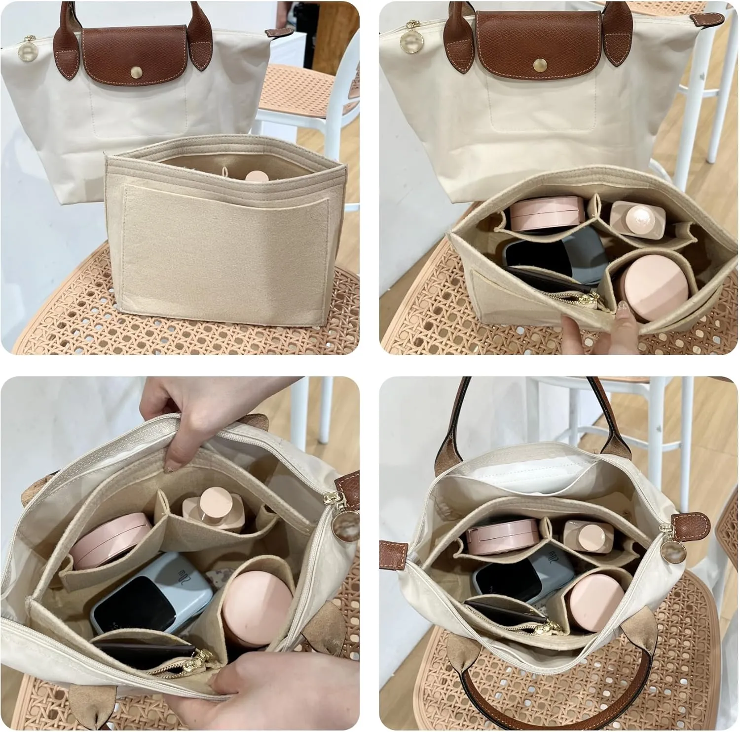 Small Purse Organizer Insert Compatible with Longchamp Le Pliage Small and More, Felt Zipper Handbag Organizer with Cup Holder, 7 Compartments Bag Insert(Beige,S)