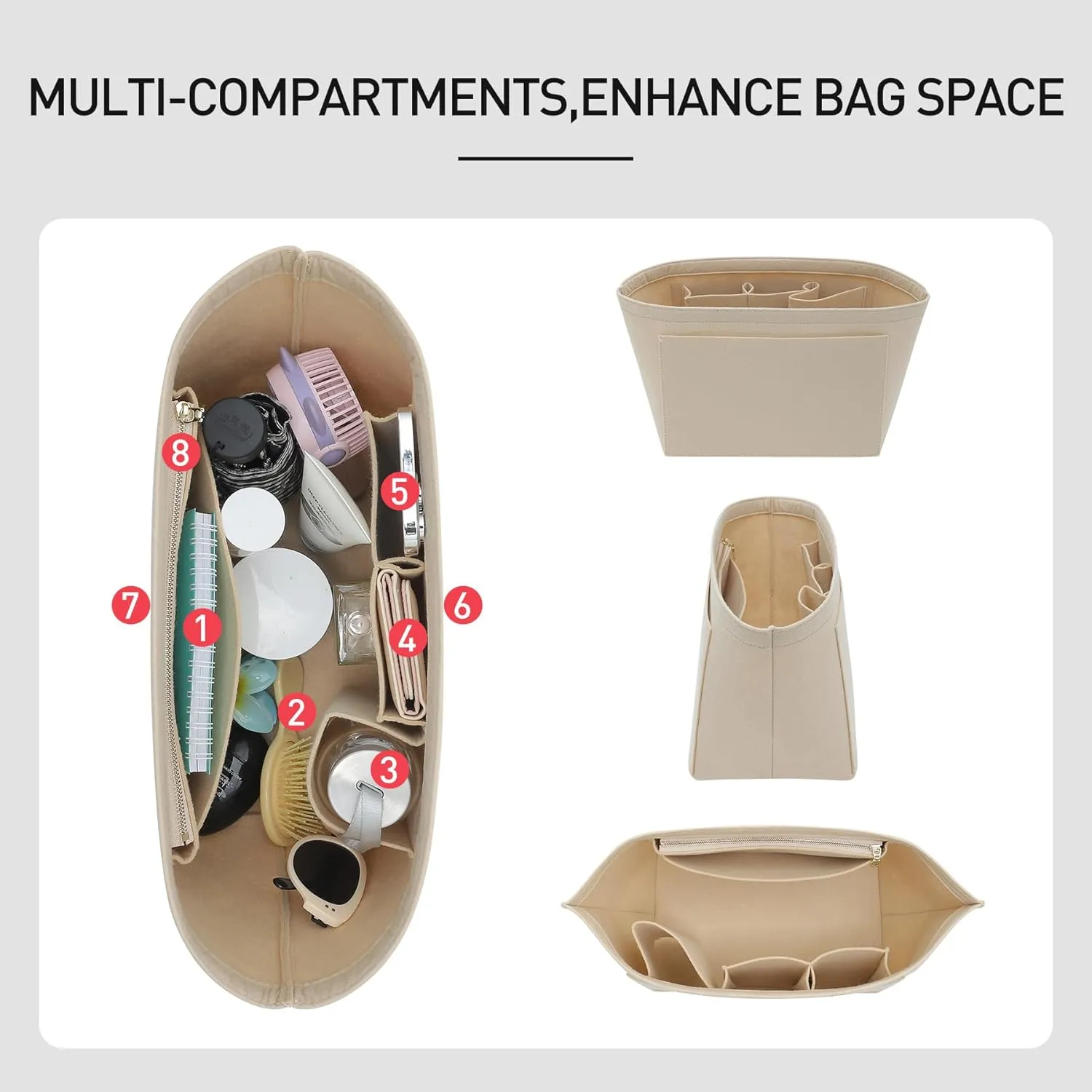 Small Purse Organizer Insert Compatible with Longchamp Le Pliage Small and More, Felt Zipper Handbag Organizer with Cup Holder, 7 Compartments Bag Insert(Beige,S)