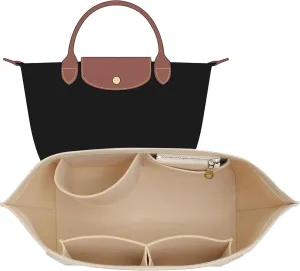 Small Purse Organizer Insert Compatible with Longchamp Le Pliage Small and More, Felt Zipper Handbag Organizer with Cup Holder, 7 Compartments Bag Insert(Beige,S)