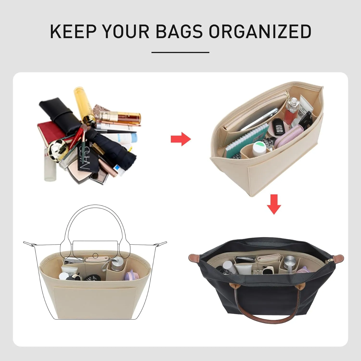 Small Purse Organizer Insert Compatible with Longchamp Le Pliage Small and More, Felt Zipper Handbag Organizer with Cup Holder, 7 Compartments Bag Insert(Beige,S)