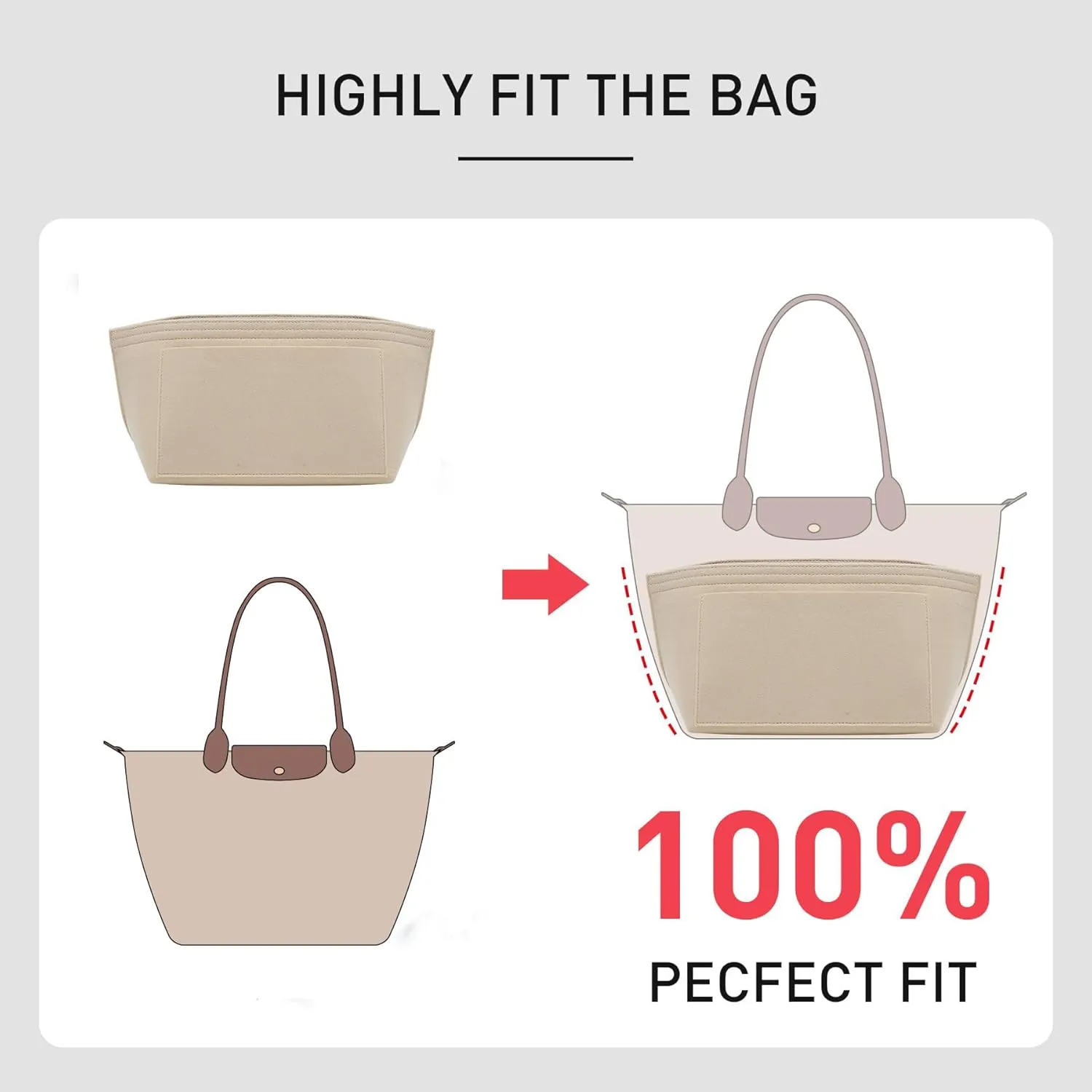 Small Purse Organizer Insert Compatible with Longchamp Le Pliage Small and More, Felt Zipper Handbag Organizer with Cup Holder, 7 Compartments Bag Insert(Beige,S)