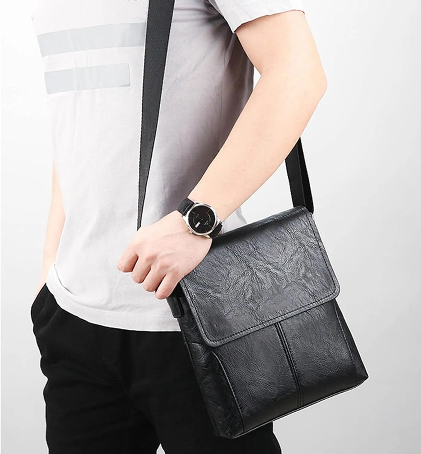 Small Shoulder Bag, Mens Crossbody Bag, Vintage PU leather Office Business Bag for Men, Handbag Purse Zipper