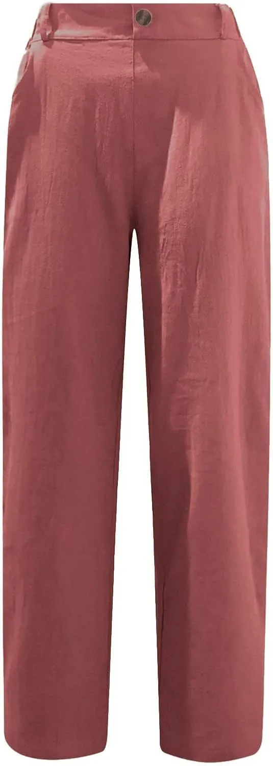 SMIDOW Womens Linen Button Cropped Pants Elastic High Waist Casual Loose Comfy Straight Leg Capris Lounge Trouser Dressy