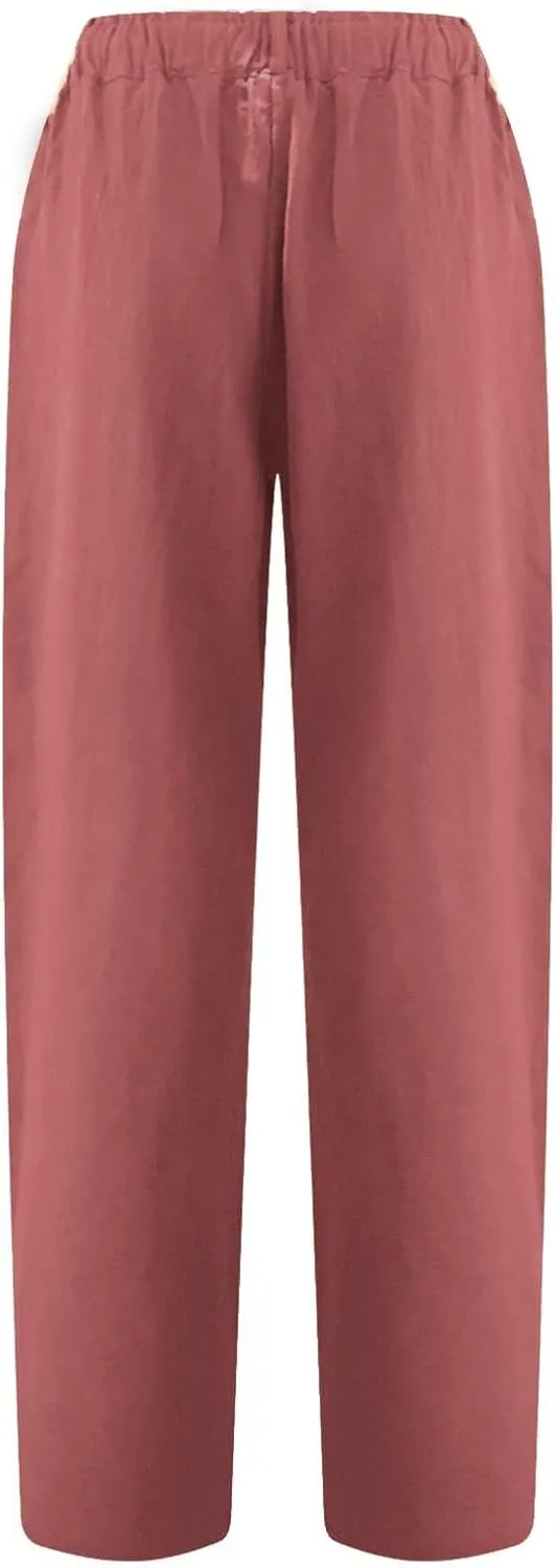 SMIDOW Womens Linen Button Cropped Pants Elastic High Waist Casual Loose Comfy Straight Leg Capris Lounge Trouser Dressy