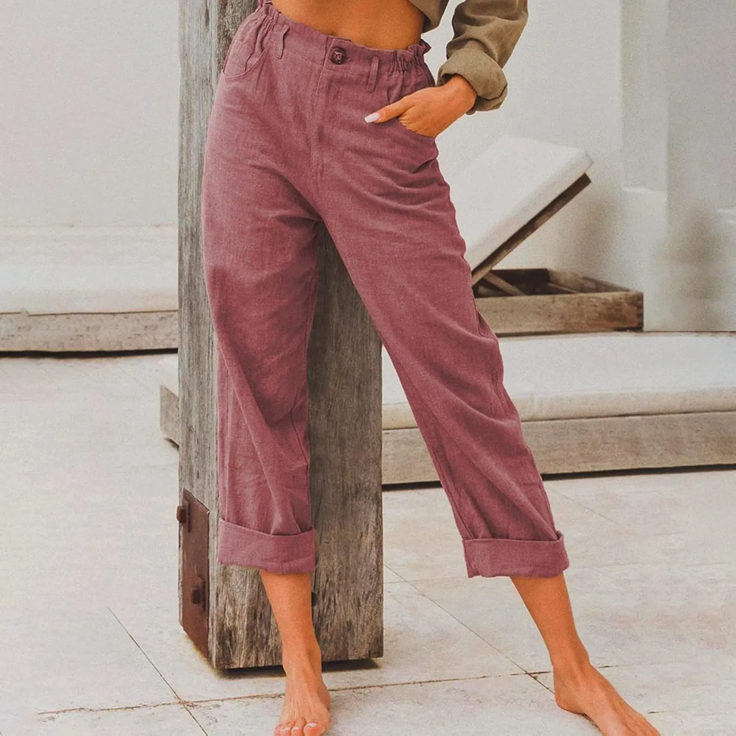 SMIDOW Womens Linen Button Cropped Pants Elastic High Waist Casual Loose Comfy Straight Leg Capris Lounge Trouser Dressy