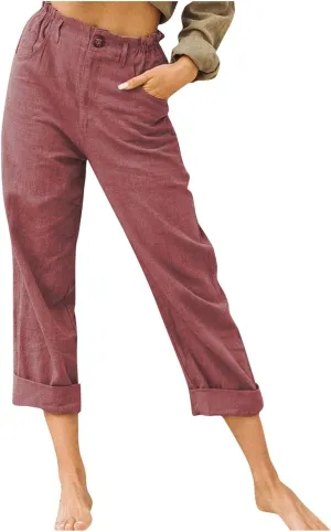 SMIDOW Womens Linen Button Cropped Pants Elastic High Waist Casual Loose Comfy Straight Leg Capris Lounge Trouser Dressy