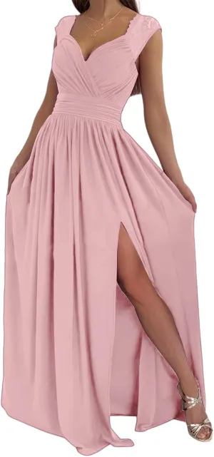 Smoneyful Womens 2025 Formal Maxi Dresses, Wrap V Neck, Ruched, Satin Pleated with Slit, for Bridesmaids & Wedding Guests