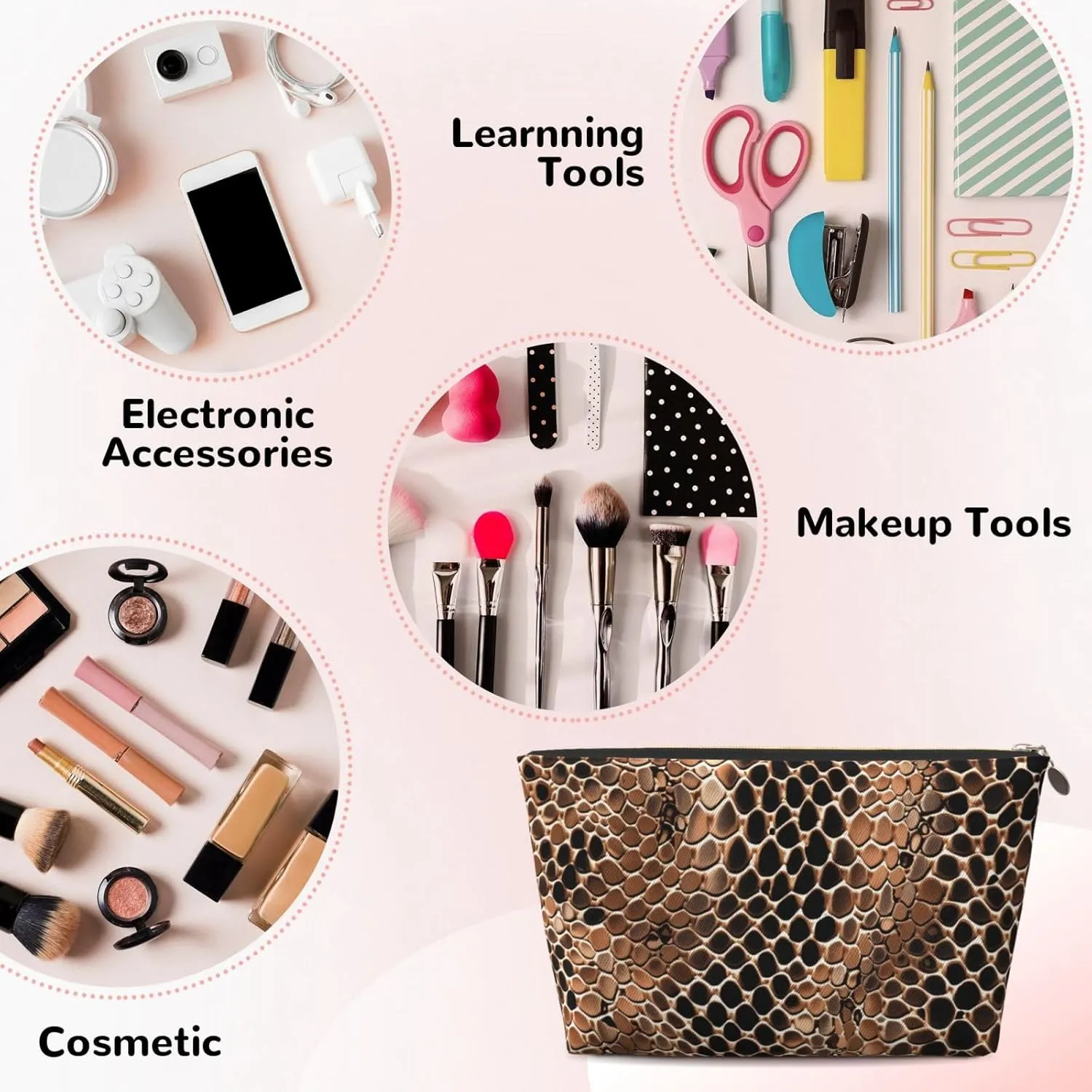 Snake Skin Print Makeup Bag Waterproof Cosmetic Bag Organizer Small Make Up Zipper Pouch Portable Travel Toiletry Bag For Women Girls