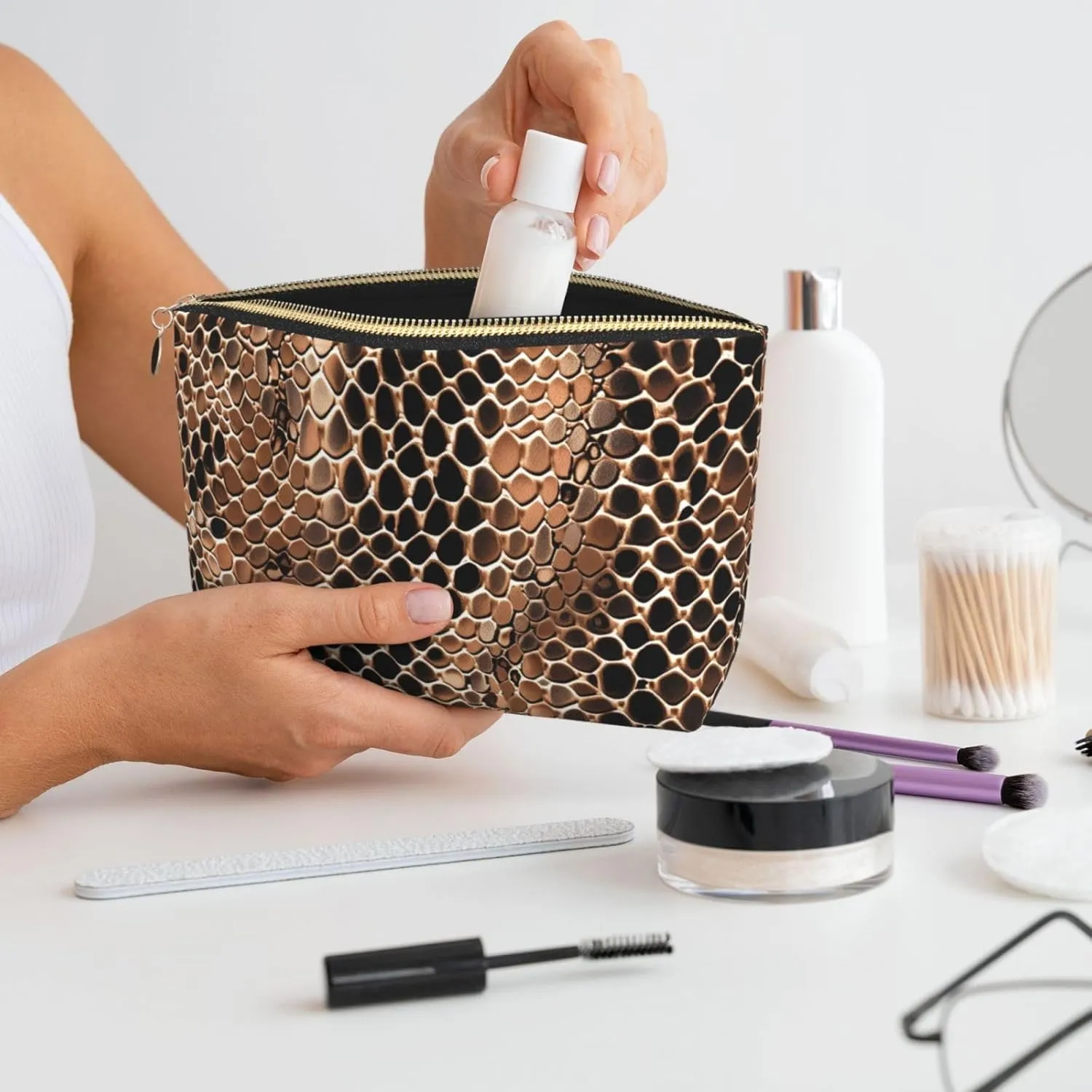 Snake Skin Print Makeup Bag Waterproof Cosmetic Bag Organizer Small Make Up Zipper Pouch Portable Travel Toiletry Bag For Women Girls