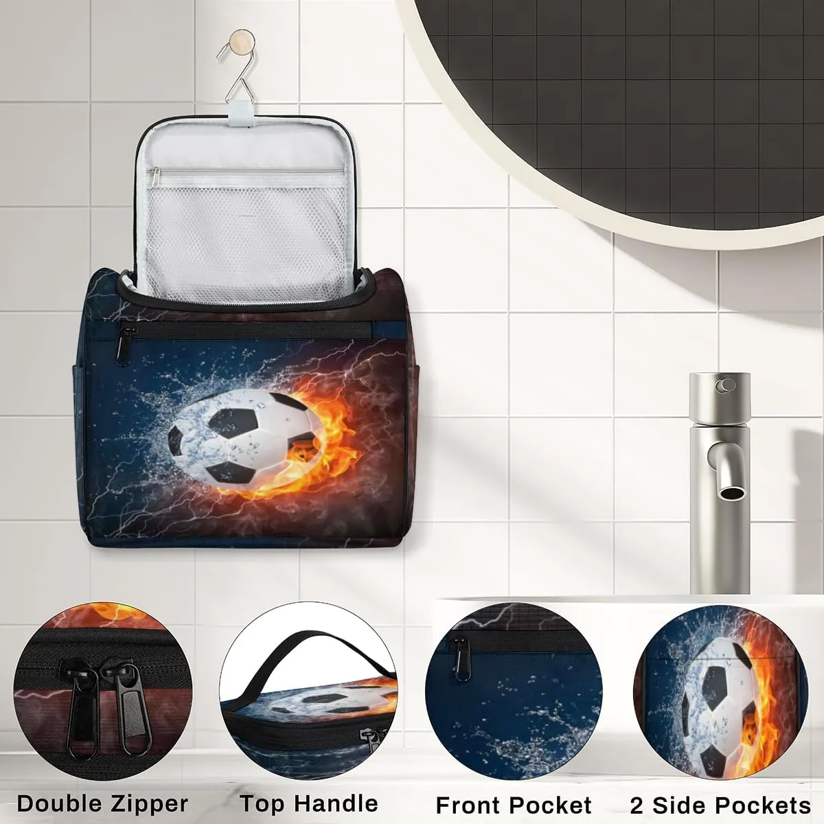 Soccer Hanging Toiletry Bag for Men Women Travel Cosmetic Makeup Organizer Bag Water Resistant Large Portable Wash Case for Accessories, Toiletries, Cosmetics