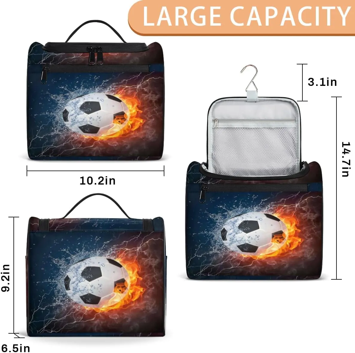 Soccer Hanging Toiletry Bag for Men Women Travel Cosmetic Makeup Organizer Bag Water Resistant Large Portable Wash Case for Accessories, Toiletries, Cosmetics