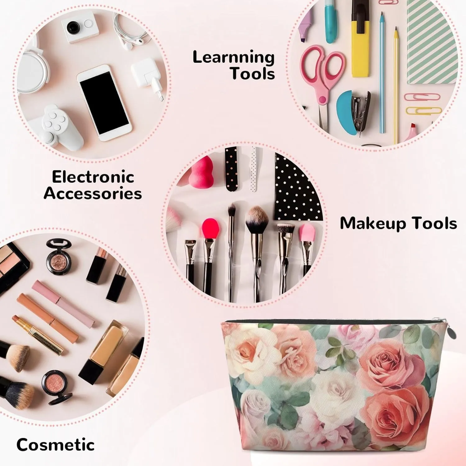 Soft Color Pale Faded Mix Of Roses Cosmetic Bag Pu Leather Waterproof Makeup Bag Portable Travel Toiletry Bag Organizer Silver Zipper Pouch For Women Ladies Gift