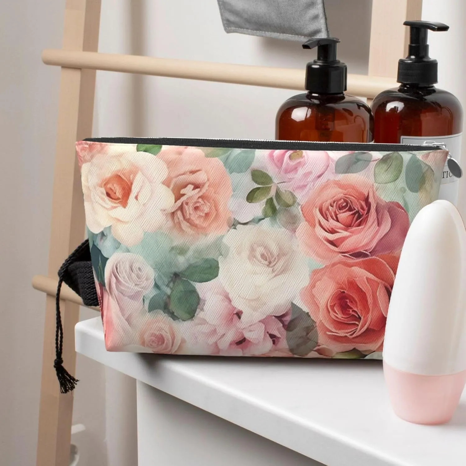 Soft Color Pale Faded Mix Of Roses Cosmetic Bag Pu Leather Waterproof Makeup Bag Portable Travel Toiletry Bag Organizer Silver Zipper Pouch For Women Ladies Gift