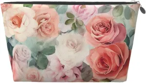 Soft Color Pale Faded Mix Of Roses Cosmetic Bag Pu Leather Waterproof Makeup Bag Portable Travel Toiletry Bag Organizer Silver Zipper Pouch For Women Ladies Gift