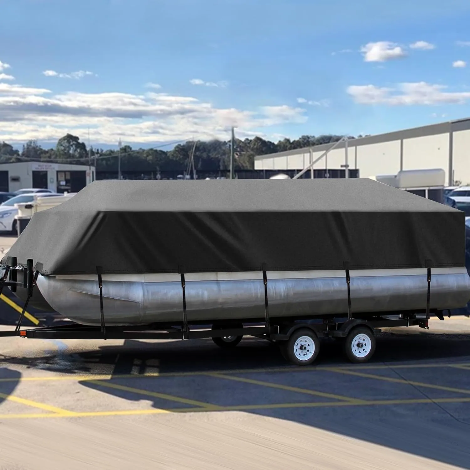 Solim Trailerable 1200D PU Heavy Duty Pontoon Boat Cover, 19-21ft Waterproof Oxford Marine Grade UV Resistant Polyester Canvas Cover, Boat Cover for Pontoon with 16 Adjustable Tie Down Straps, Black