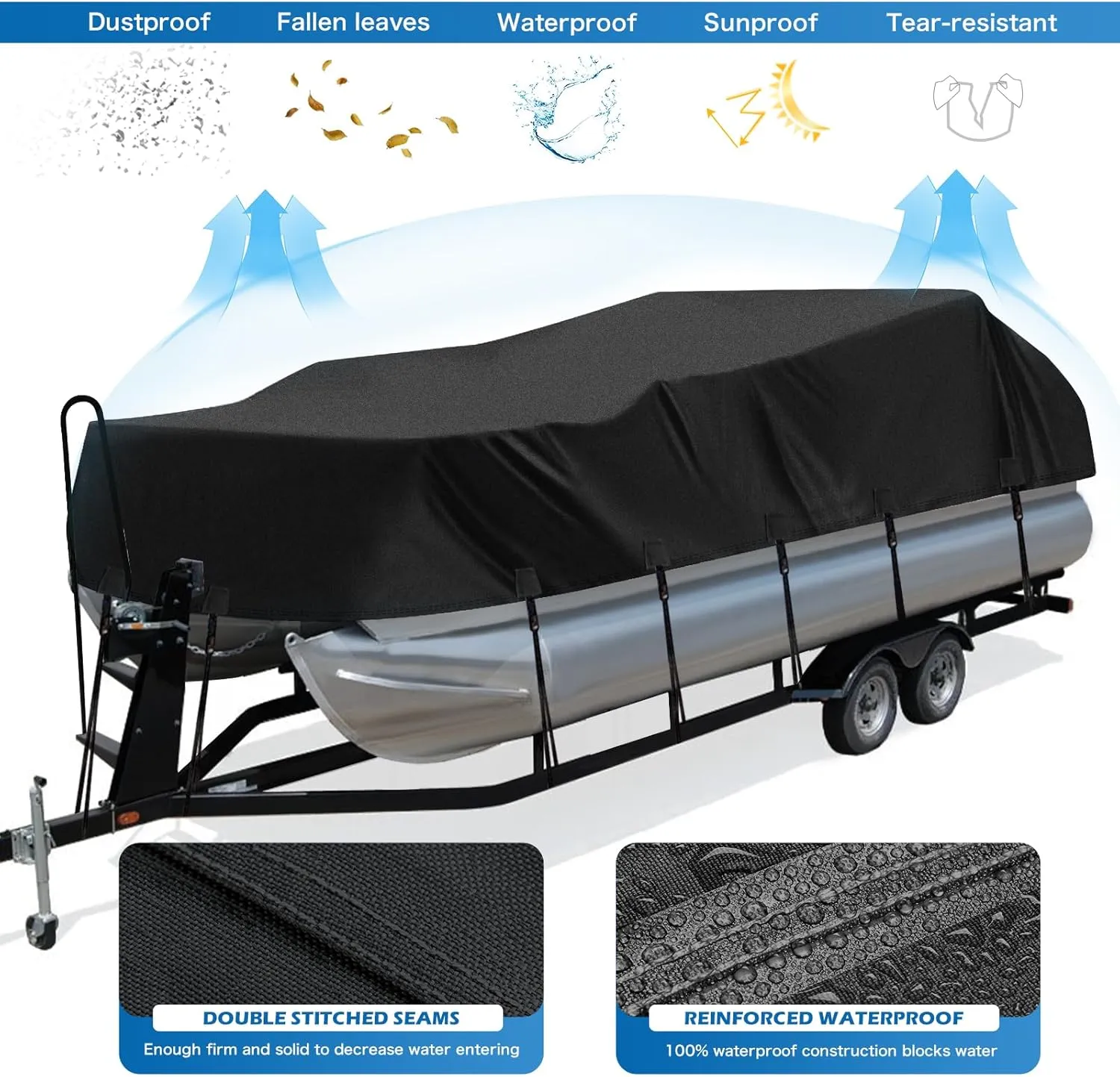 Solim Trailerable 1200D PU Heavy Duty Pontoon Boat Cover, 19-21ft Waterproof Oxford Marine Grade UV Resistant Polyester Canvas Cover, Boat Cover for Pontoon with 16 Adjustable Tie Down Straps, Black