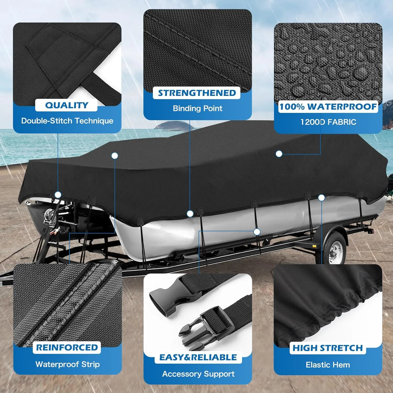 Solim Trailerable 1200D PU Heavy Duty Pontoon Boat Cover, 19-21ft Waterproof Oxford Marine Grade UV Resistant Polyester Canvas Cover, Boat Cover for Pontoon with 16 Adjustable Tie Down Straps, Black