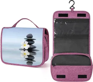 Spa Theme,Makeup Bag Cosmetic Travel Bag with Hanging Hook,Massage Stones with Flower on The Waters,Water-resistant Make Up Bag Organizer for,Full-size Container,Toiletries,Blue And Grey