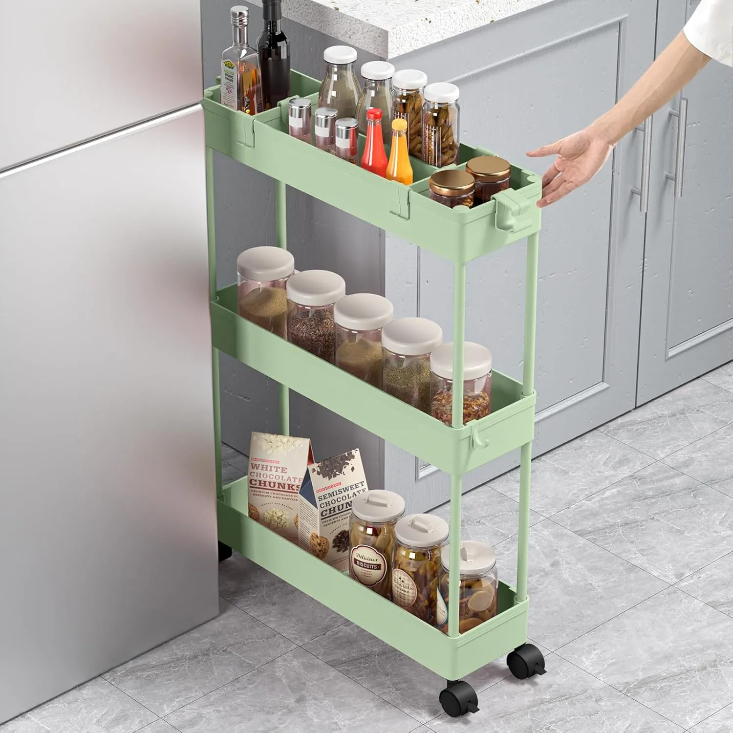 SPACELEAD Slim Storage Cart 3 Tier,Bathroom Organizer Rolling Utility,Mobile Shelving Unit Slide Out for Office, Kitchen, Laundry Room & Narrow Places，Green