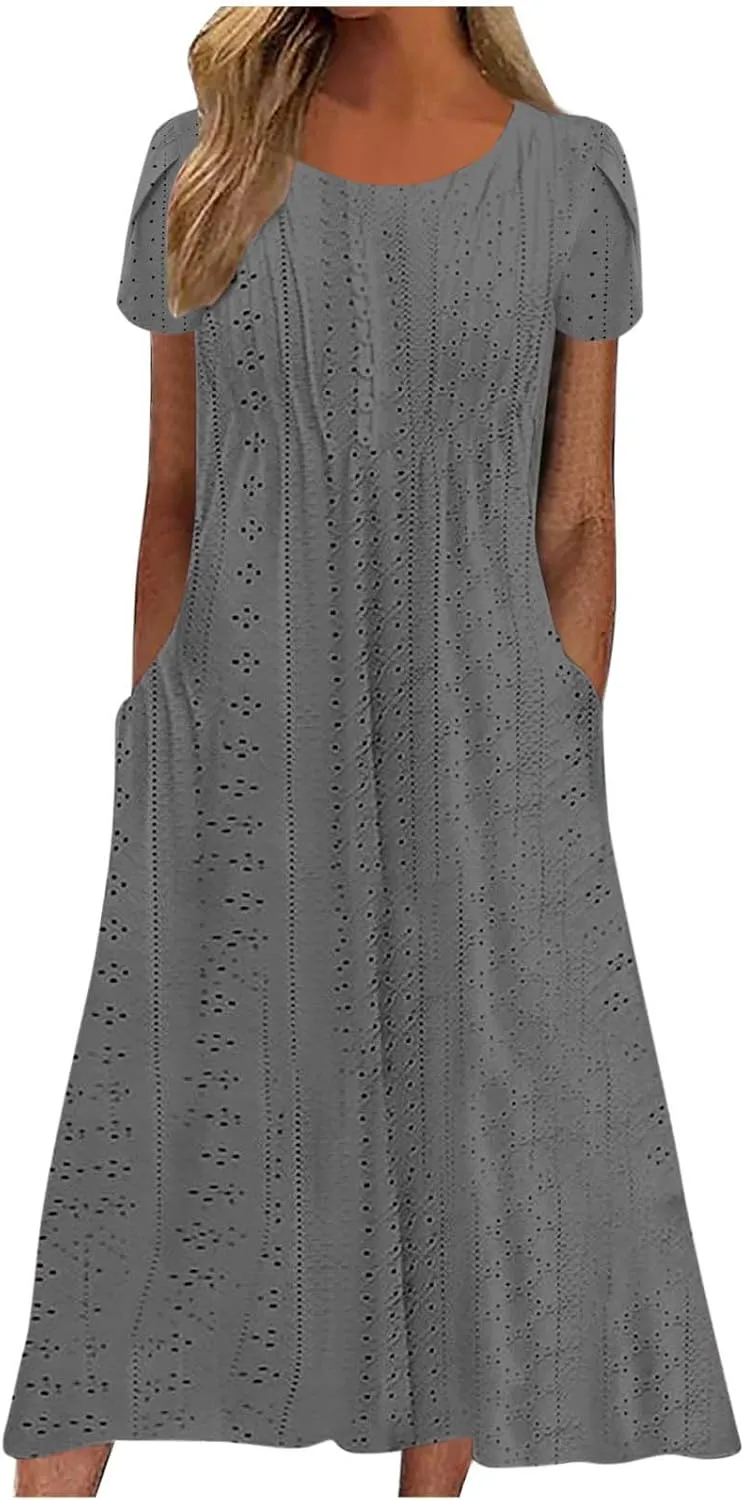 Spring Dresses for Women 2025 Eyelet Short Sleeve Midi Sundress Hollow Out Empire Waist Summer Dress with Pockets